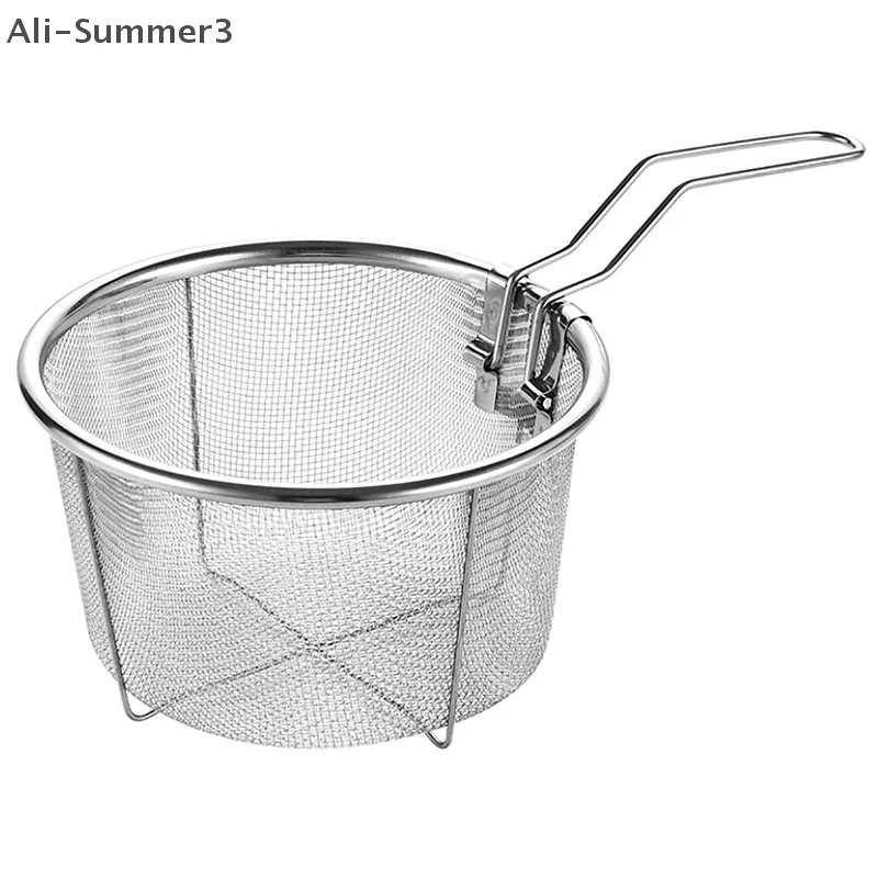 الفرنسية رقاقة القلي مصفاة سلة الفولاذ المقاوم للصدأ سلة القلي العميق المطبخ المقلاة المستديرة شبكة سلكية مع مقبض شبكات مصفاة الأسلاك