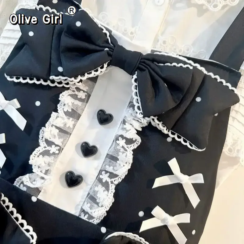 Olivegirl Sweet Dress Lolita Kawaii Vintage Women Girl Tea Party Cosplay Pink Polka Dot Lace Bow Tiered Cake Suspender Dress