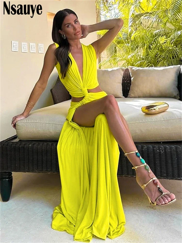 Nsauye verano vacaciones playa Maxi Sexy corte bajo mujeres Club vestido de fiesta de noche fuera del hombro alto Split elegante vestido envolvente 2024