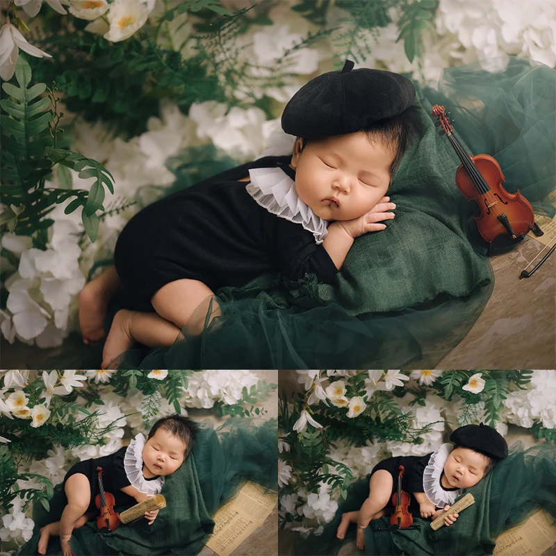 Baby Girl Photography Clothing French Beret + Jumpsuit Suit Newborn Photoshoot Mesh Blanket Simulation Violin Green Plant Props