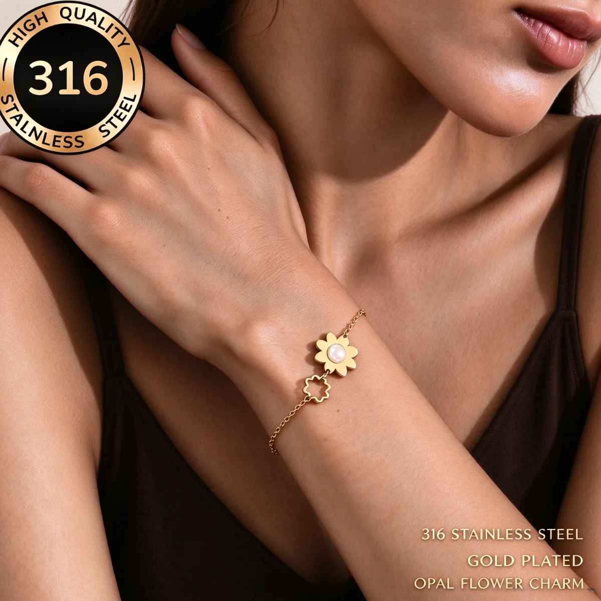 LUXUKISSKIDS Opal Stone Sun Flower Charm Bracelet Gold PVD Plated Stainless Steel Rolo Chain Simply Elegant Wrist Female Jewelry