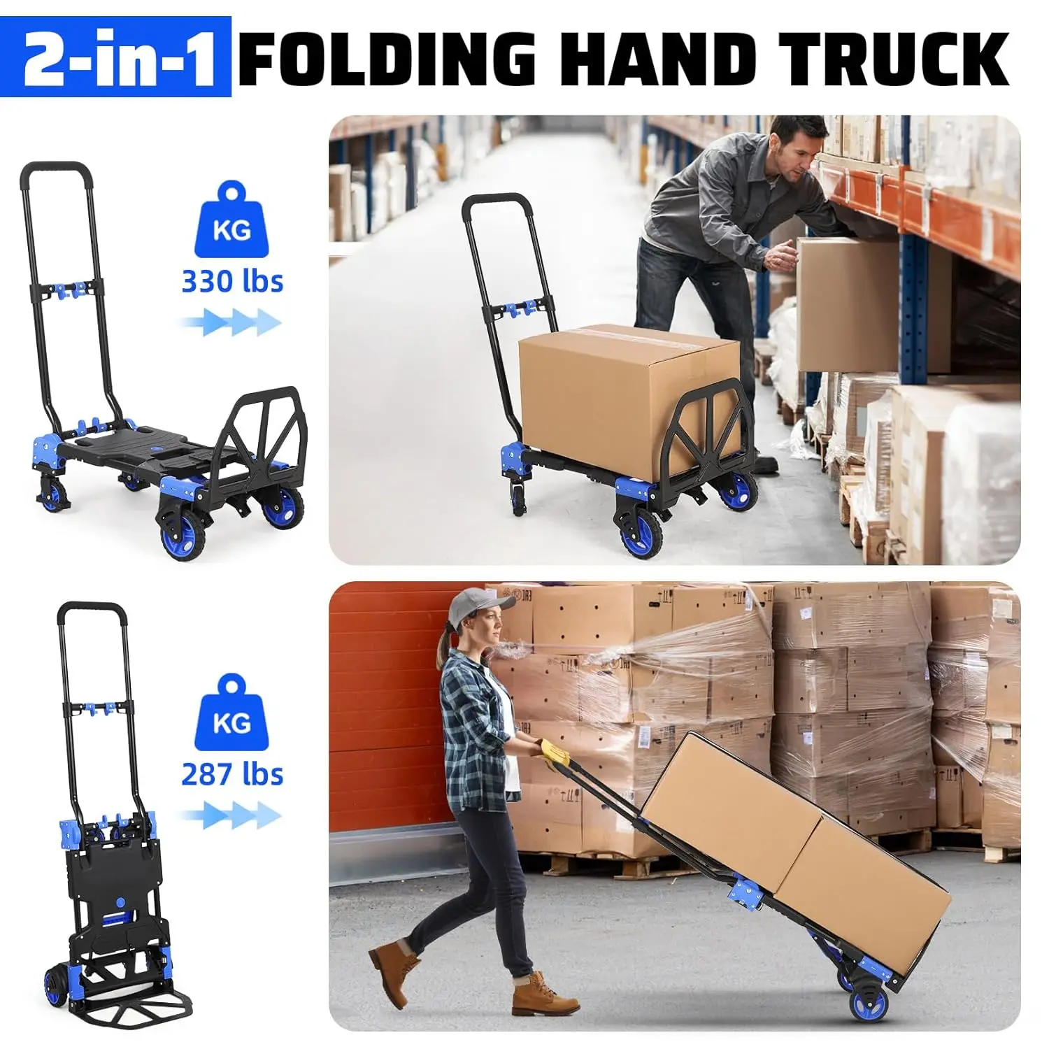 Folding Hand Truck Dolly with Basket, 2-in-1 Heavy Duty Dolly Cart with Wheels, Convertible Handcart with Retractable Handle