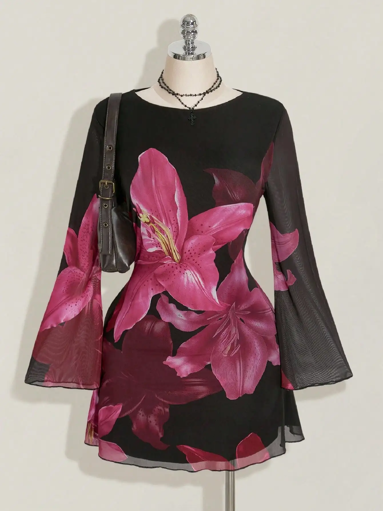 

Платье больших размеров с цветочным принтом и рукавами-колокол, винтажный стиль Y2K для фестивалей и повседневной носки