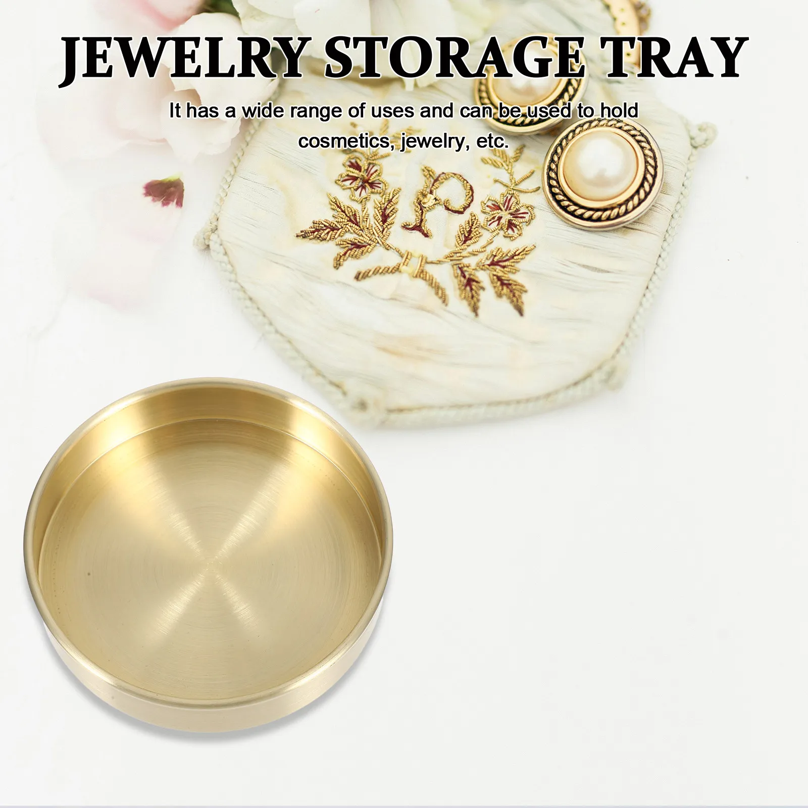Round Brass Storage Tray Exquisite Multipurpose Organizer for Cosmetics Jewelry Small Items Elegant Stamping Design view 2