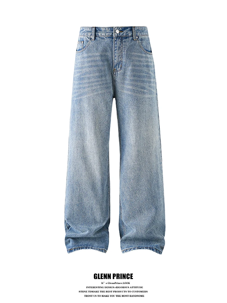 

Light Blue Straight Leg Loose Fit Men's Jeans Retro Washed Casual Cotton Trousers Slimming Effect GPstudio American Style