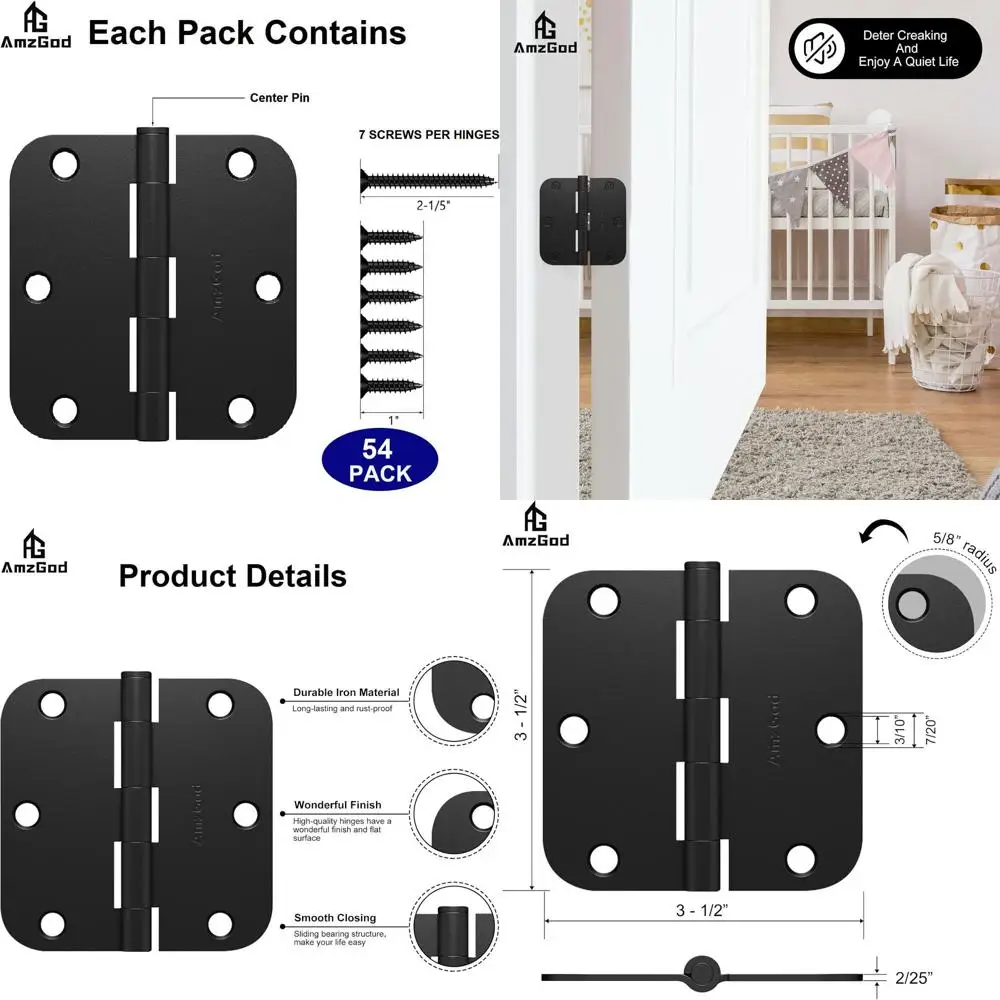

Matte Black Door Hinges - 54pc Set, 3.5 Round Interior Hinges, 5/8 Radius, Residential Door Hardware