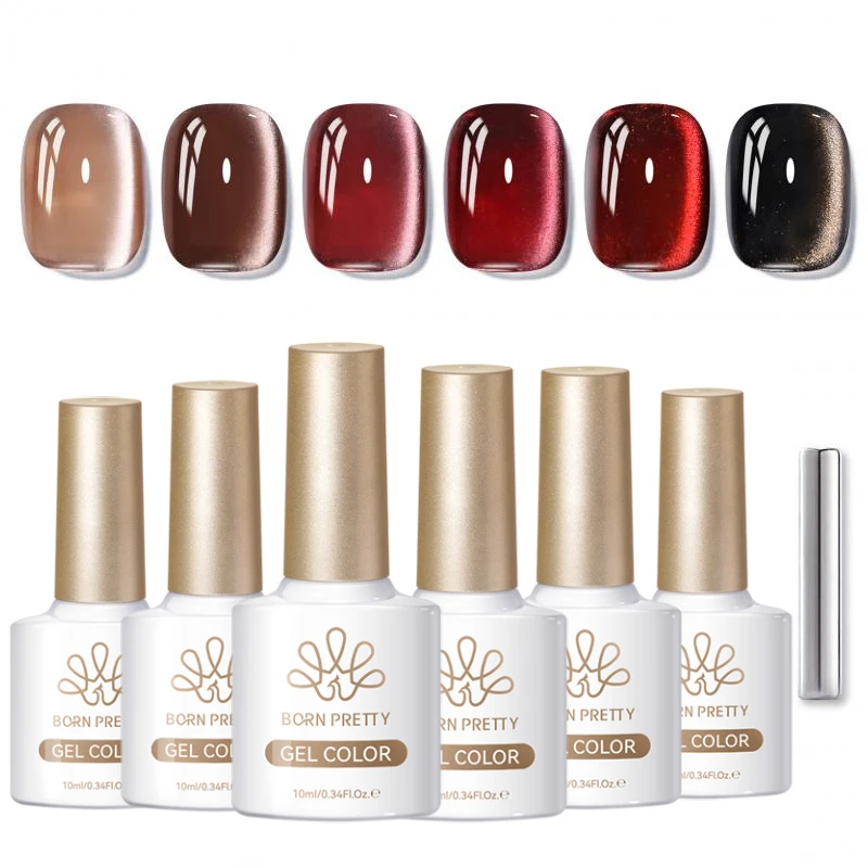 

BORN PRETTY 6 Bottle Winter Autumn Glass Bead Cat Magnetic Gel Set Dark Red Brown Soak Off UV Gel Salon Set Kits Manicure