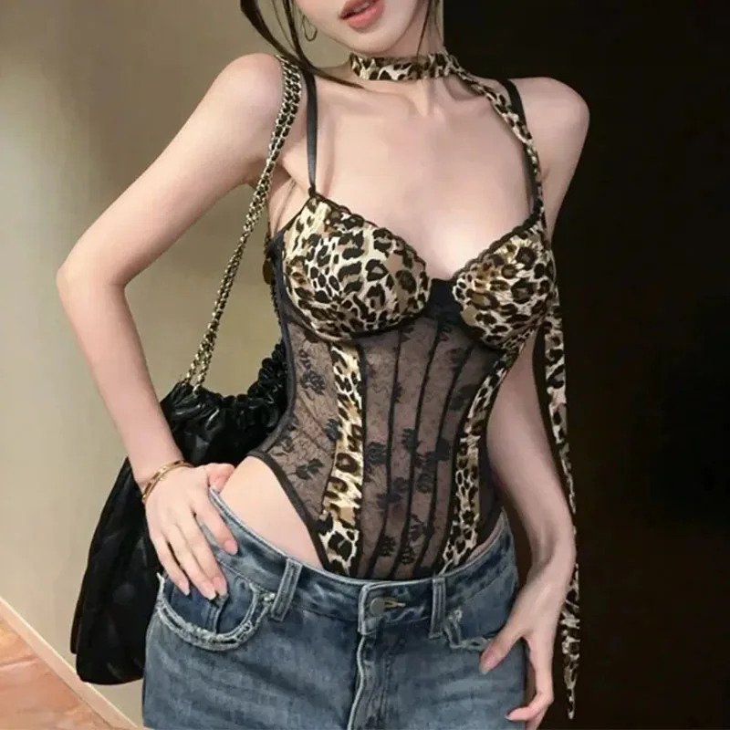 Mesh One-piece Leopard Print Suspender Vest Women's Summer American Sexy Strap Top