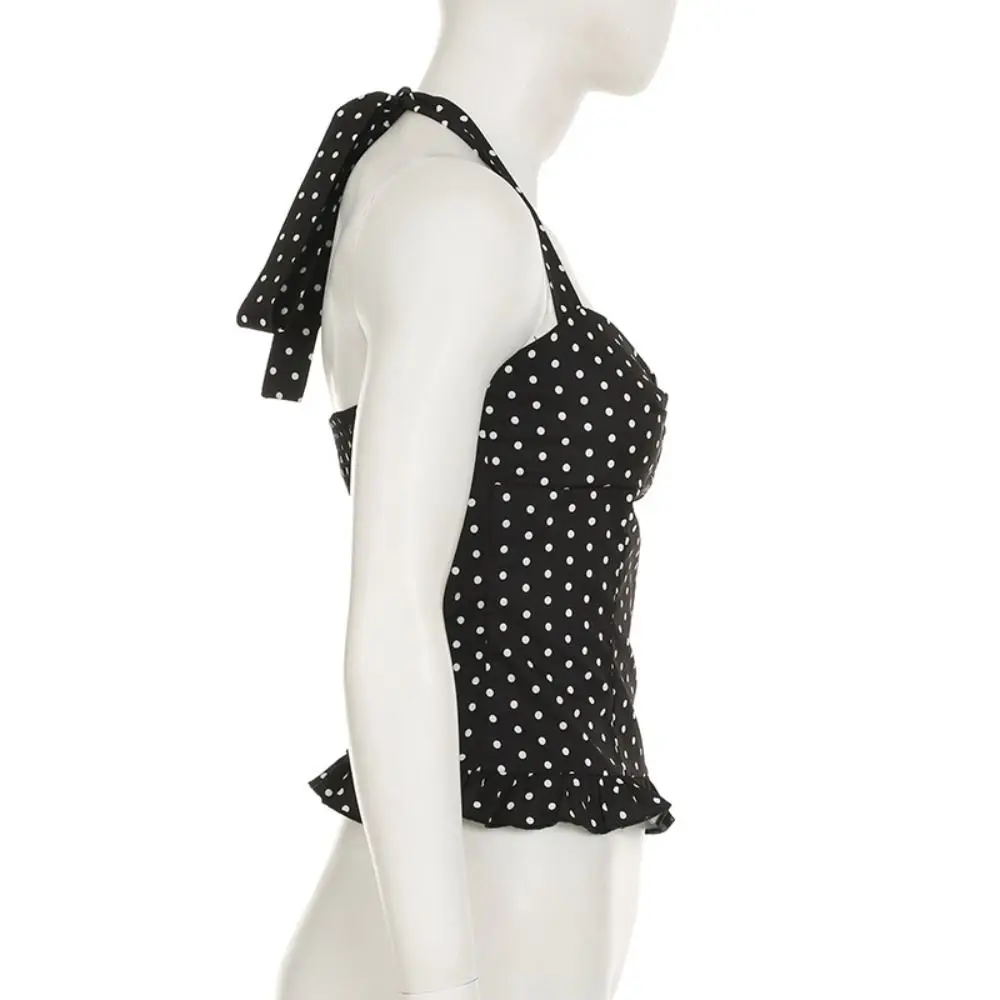 

Stylish Dot Sleeveless Crop Top Lace Up Slim Fit Halter Ruffle Vest Top Y2k Korean Style Women Camisole Female