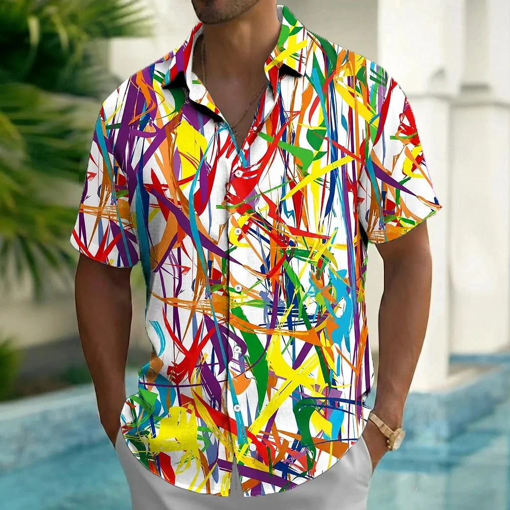 Men's Collar Short Sleeved Shirt with Colorful Abstract Graffiti Cross Line Printing, Hawaii Beach Vacation Casual Men's Shirt