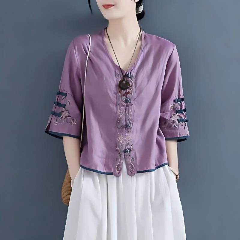 

China Style Cotton Linen Shirt Women's Top New Summer Clothes Loose Short V-neck Chinese Linen Blouse Loose Short V-neck Top