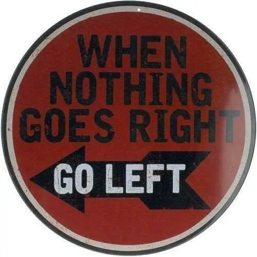 

When Nothing Goes Right Go Left Funny Novelty Round Metal Tin Sign Retro Wall Decor for Home Gate Garden Bars Restaurants Cafes