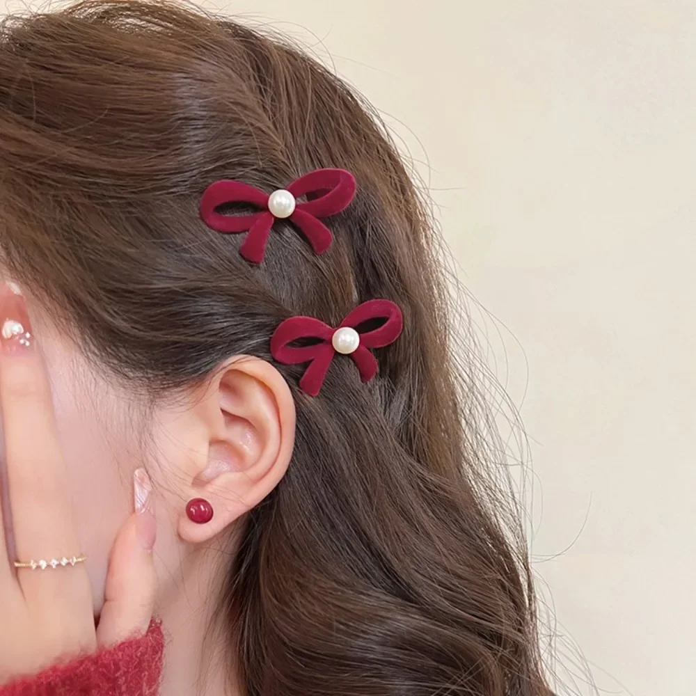 2 Pieces Wine Red Bows Side Hair Clips Hair Accessories for Women Elegant Pearl Hairpin Mini Cute Girls Headwear Styling Tools