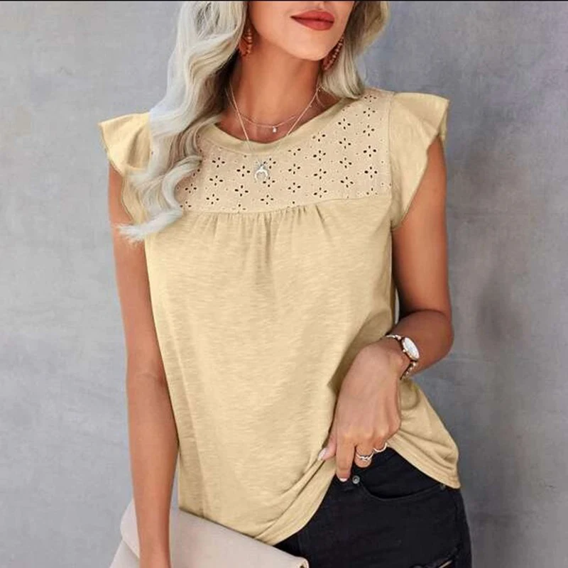 Casual Hollow Out Shirt Blouse Women 2023 Fashion O-neck Solid Color Elegant Shirts Tops Summer Female White Office Top