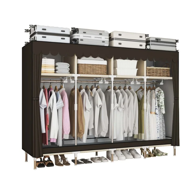 Metal Frame Portable Closet Organizer with Hanging Rods, Protective Fabric Cover Wardrobe Storage for Bedroom Shoe Cabinets