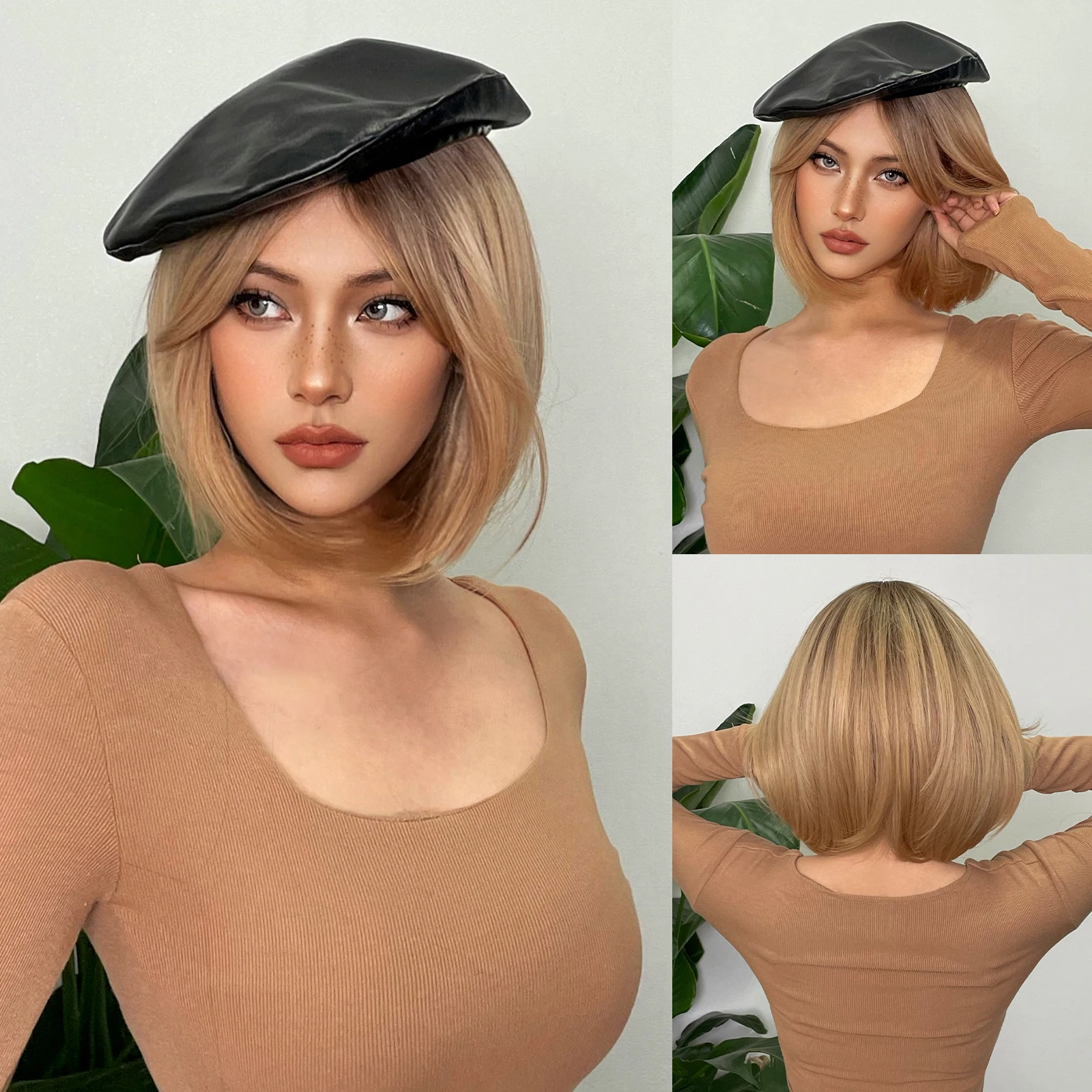 Krótkie proste Ombre brązowe syntetyczne blond peruki z Bangs dla kobiet bobo fryzura Cosplay żaroodporne naturalne włosy peruki