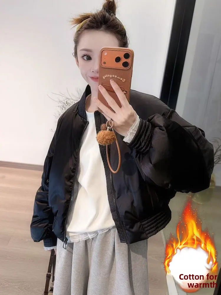 

Женская утепленная хлопковая куртка с воротником-стойкой, на флисовой подкладке, зимняя верхняя одежда в корейском стиле, свободный крой, длинный рукав, на молнии