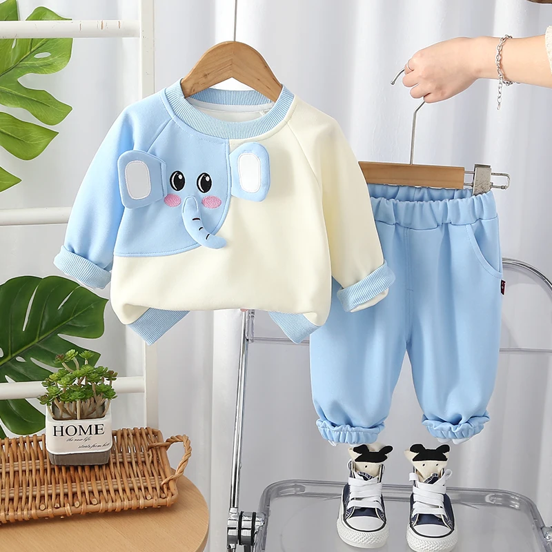 かわいい漫画柄ベビー男の子春服2点セット-快適なコットンカジュアルスタイル-春秋着用-通気性のある子供服