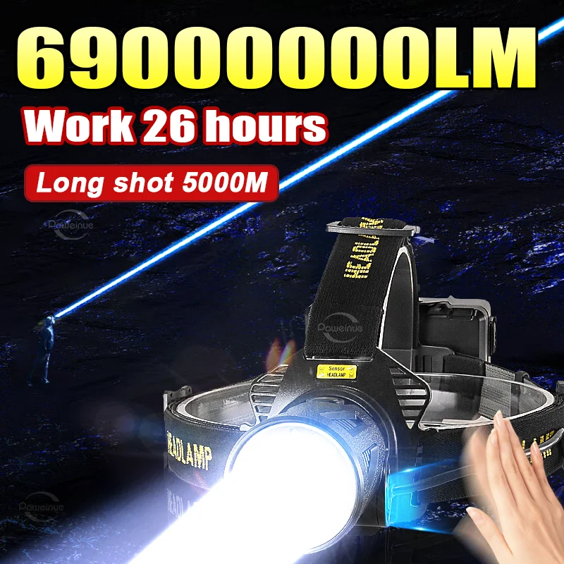 

2026 New Ultra Bright XHP360 LED Headlight USB Rechargeable Headlamp Long Range Head Flashlight Outdoor Fishing Head Light
