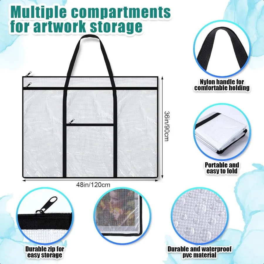 Large Art Portfolio Case 48 x 36 Poster Storage Bag Bulletin Board Holder Container PVC Folder with Zipper Handles Pocket for T