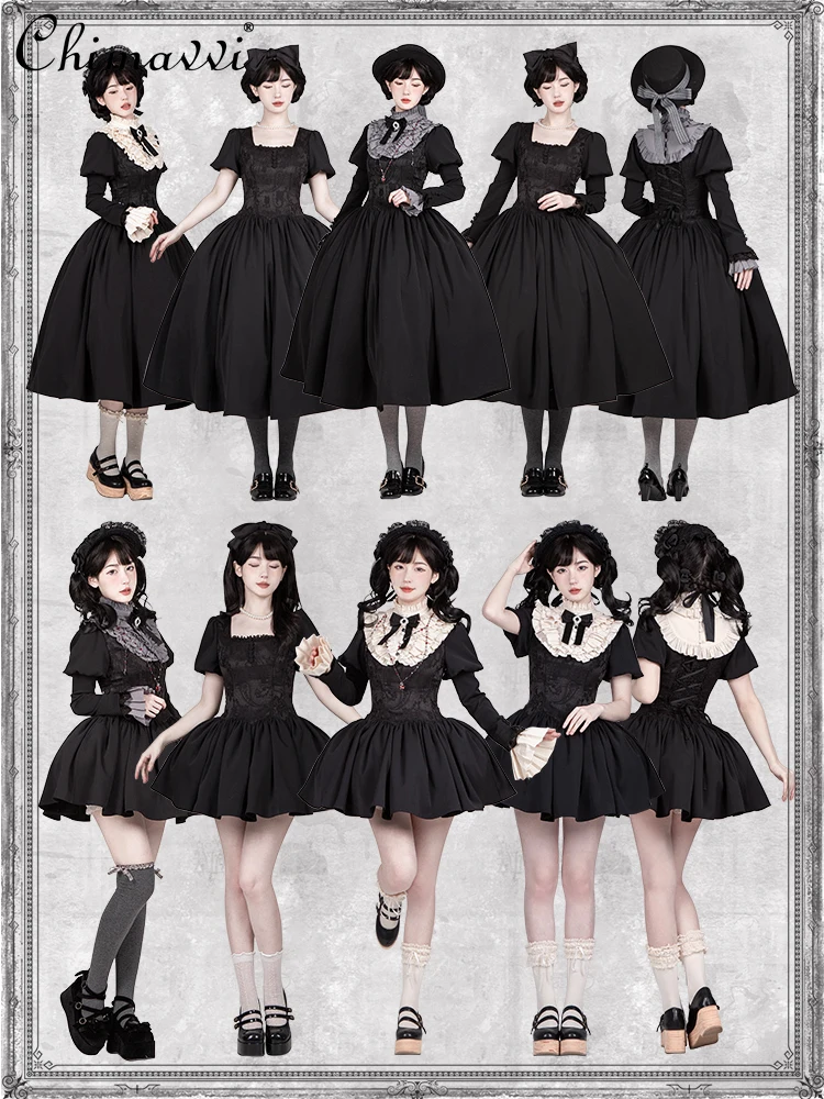 Oryginalny projekt Długa i krótka sukienka Op Wiosna i lato Nowy gotycki styl Ciemna dziewczyna Wysoka talia Elegancka sukienka Cosplay Lolita