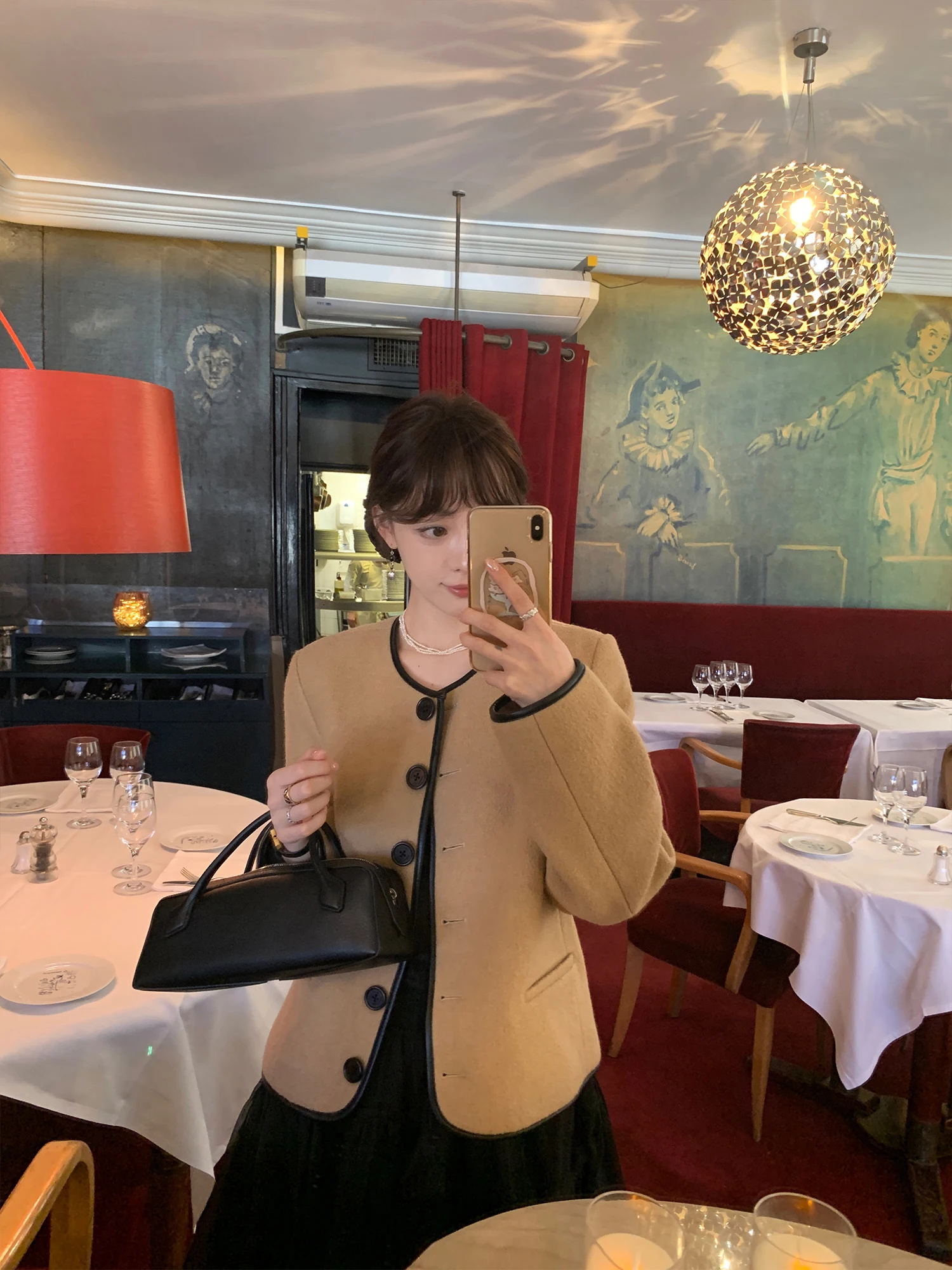 Le Lalin クラシック ショート ウール ブレンド レザー パッチワーク ラウンドネック ショルダーレベル アウター フレンチ スタイル ストレート カット レディース コート