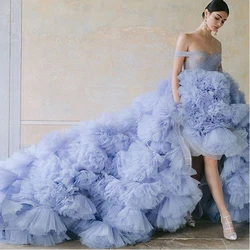 Gorgeous Lilac Puffy Ruffles Tulle Wedding Gowns 2022 High Low Long Bridal Dresses Lush Tulle Women Dress Robe