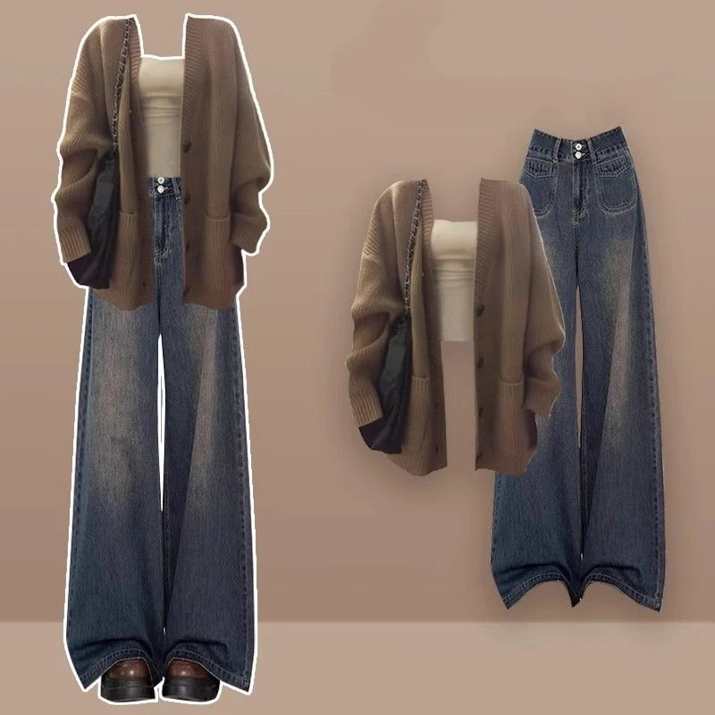 

Women's Spring Autumn Korean Retro Sweater Cardigan Denim Pants Two Piece Set Lady Casual Knit Coat Jeans Outfits 2025 New Suits