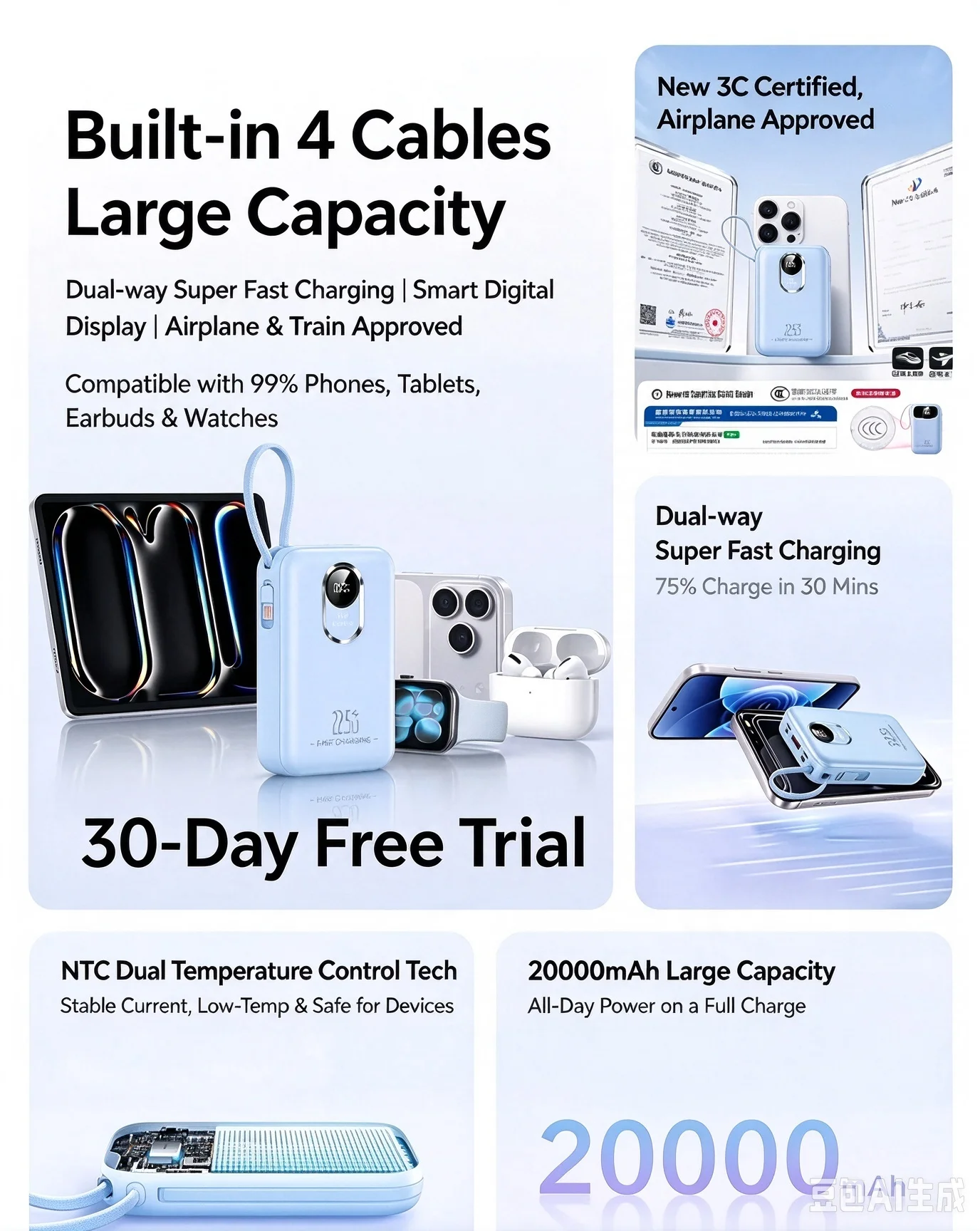 20000mAh Mini Power Bank 20W Fast Charging Powerbank 3C with Cables Portable External Battery for IPhone Xiaomi Huawei Samsung