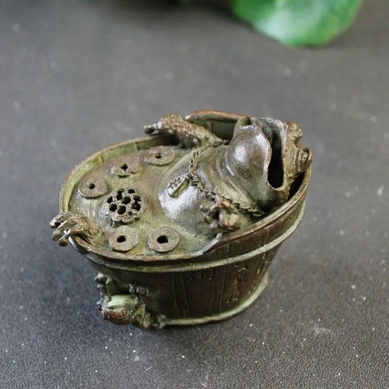 Bathing Frog Pure Copper Toad Bathtub Incense Burner Figurine Ornament Craft