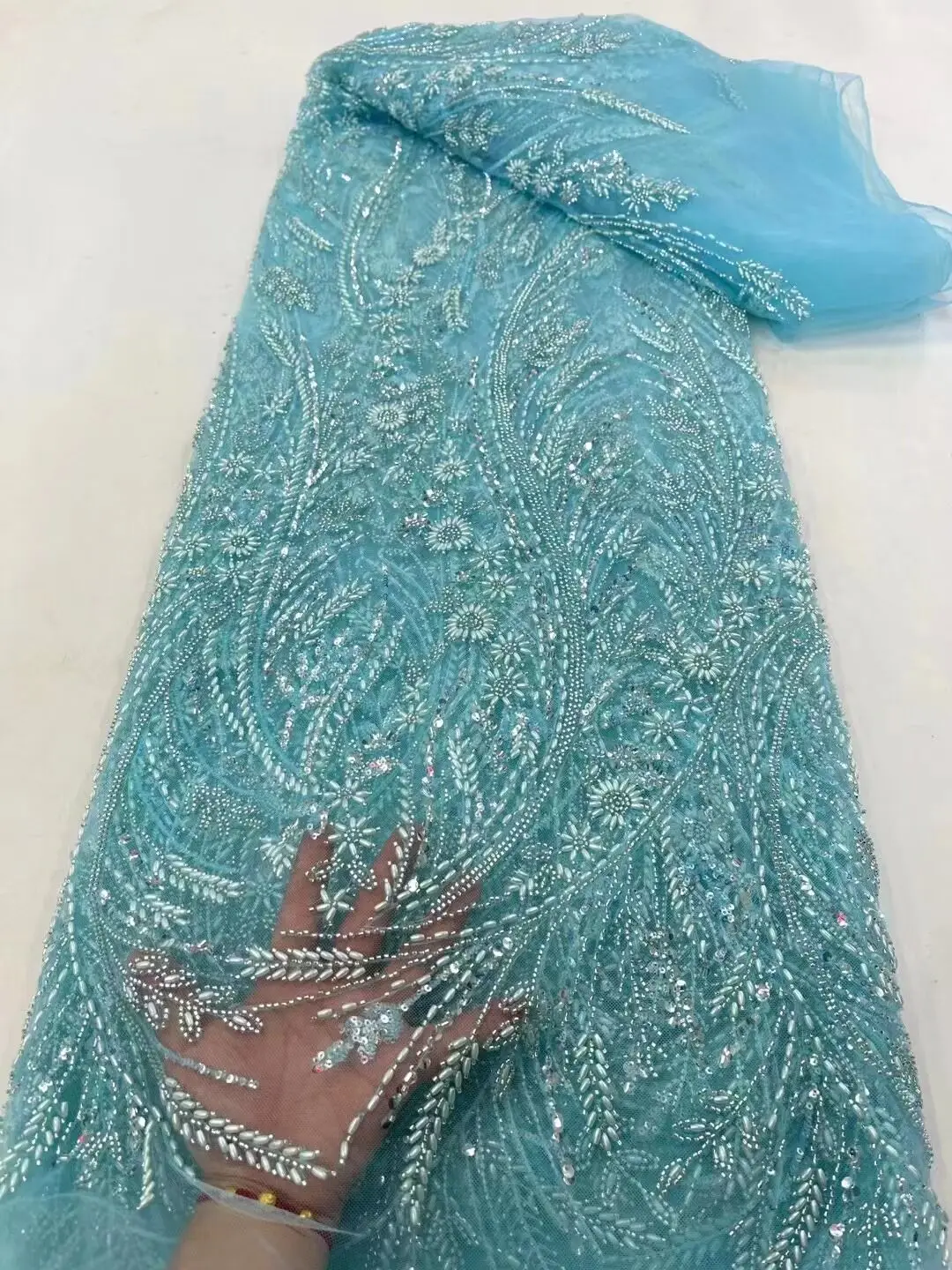 

African Nigerian J-1306722 High Quality Tulle beads Lace Fabric With Sequins Embroidery Sewing Net Dresses