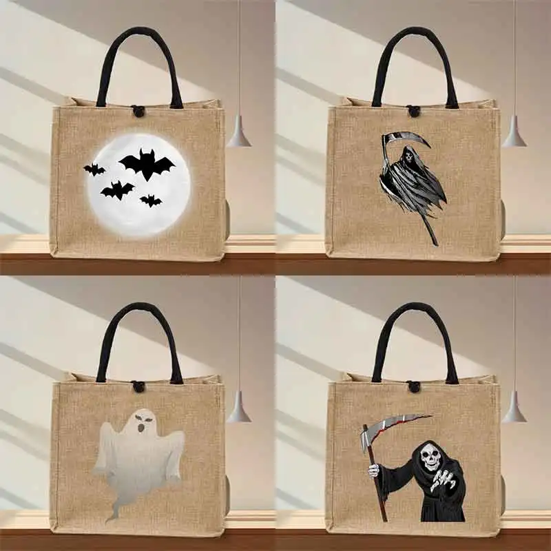 New Halloween Black And White Theme Series Women Tote Bags Print Linen Eco Handbag High Capacity Teen Shoulder Shopping Bag