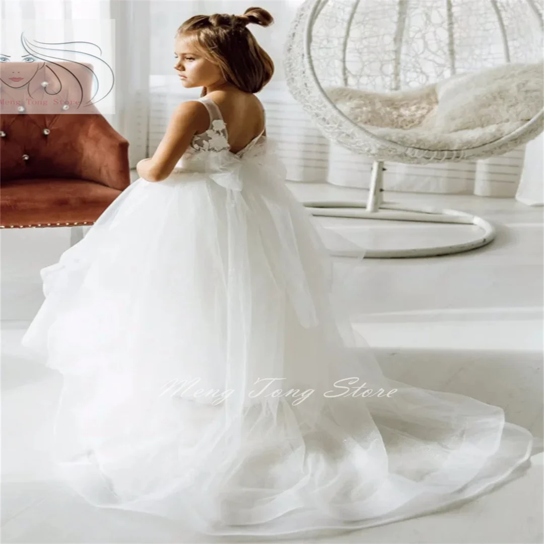 

Flower Girl Dresses White Tulle Appliques With Tailing And Bow Shoulder Sleeveless For Wedding Birthday First Communion Gowns