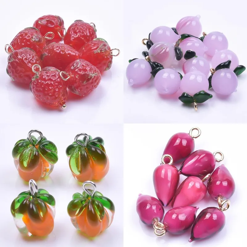 5Pcs/Lot Mix Styles Glass Fruit  Strawberry Peach Charms Diy Vegetable Eggplant Sweet Potato Pendant Jewelry Accessories Finding