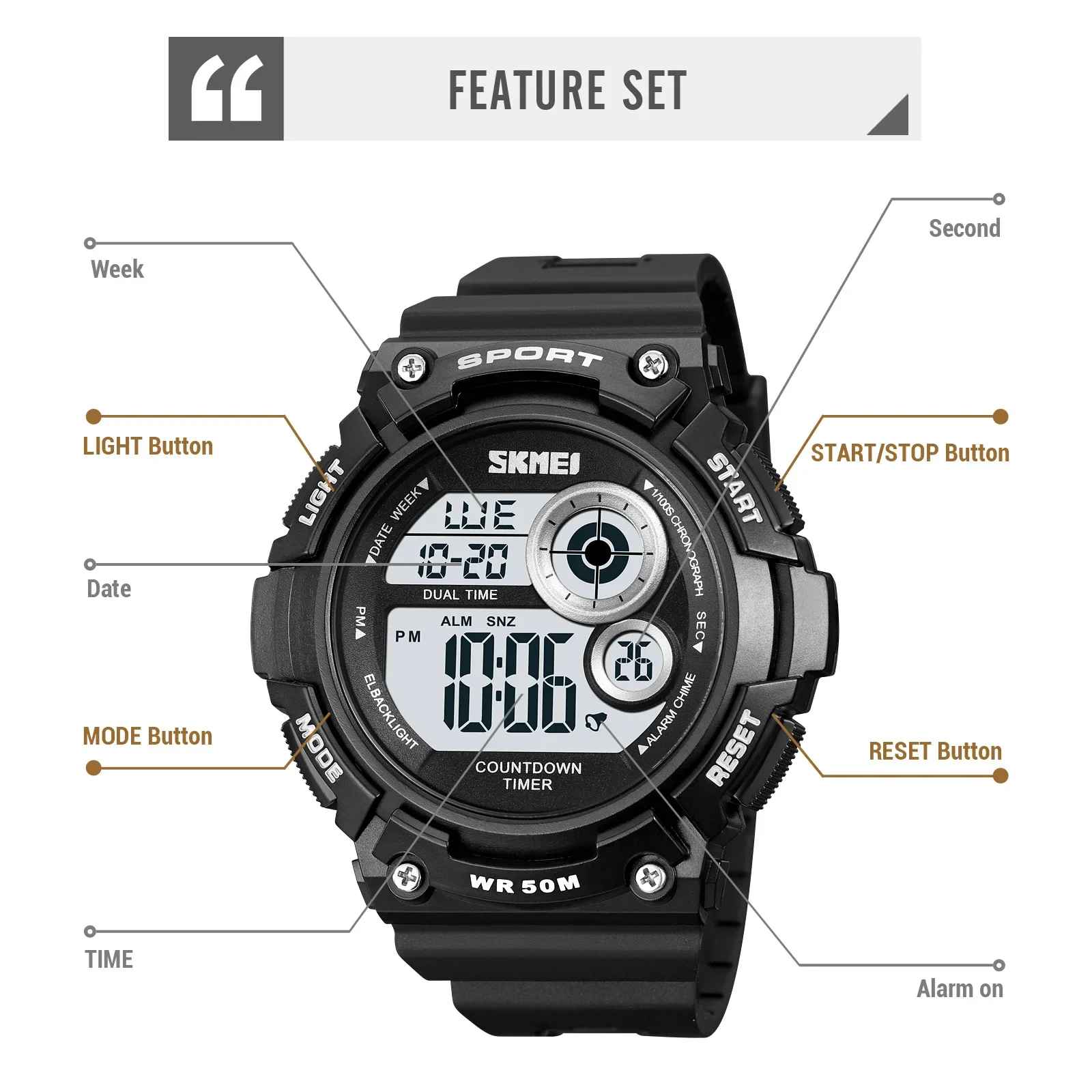 SKMEI 2017 جديد الرياضة الضوء الخلفي ساعة رقمية رجالي 5Bar مقاوم للماء العسكرية العد التنازلي ساعة المعصم relogio masculino ل K