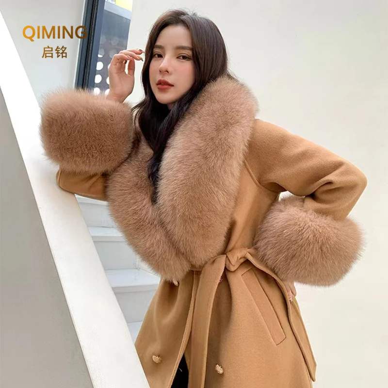 Winter Real Fox Fur Collar Women Large Fur Scarf Suit Fluffy Fur Shawl Fur Cuff Set Luxury Furry Wraps Scarves Coat Jacket Adorn