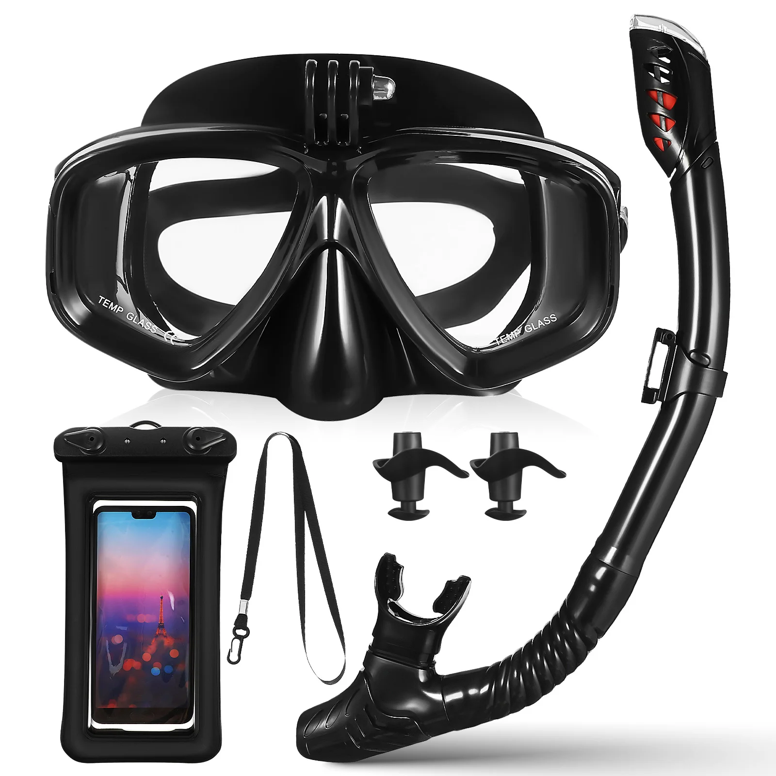 

Dry Breathing Tube Snorkel Set Black Adjustable Anti-Fog Diving Mask Swimming Snorkeling Glass Dive Equipment Floating Gear