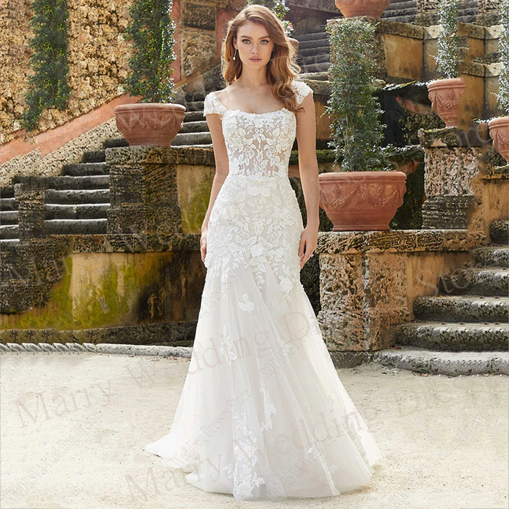 

Sexy Charming Mermaid Exquisite Wedding Dresses Beautiful Lace Appliques Cap Sleeve Backless Bride Gowns Button Back Vestidos