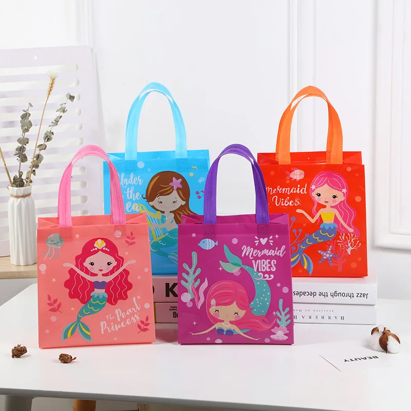 

4pcs Mermaid Gift Bag Mermaid Tail Waterproof Non-woven Bag Happy Little Mermaid Girl Birthday Party Decor Gift Portable Handbag