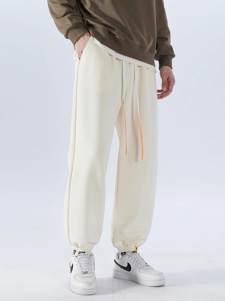 Calça de moletom pesada masculina americana sle, casual, perna reta, outono, primavera, bege, cintura elástica, algodão, poliéster