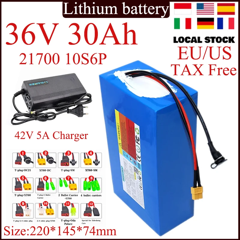 NEW 21700 36V 30Ah 10S6P Lithium battery pack 42V 30A wtih BMS Protection for 1000W High Power Power Tools+5A Charger