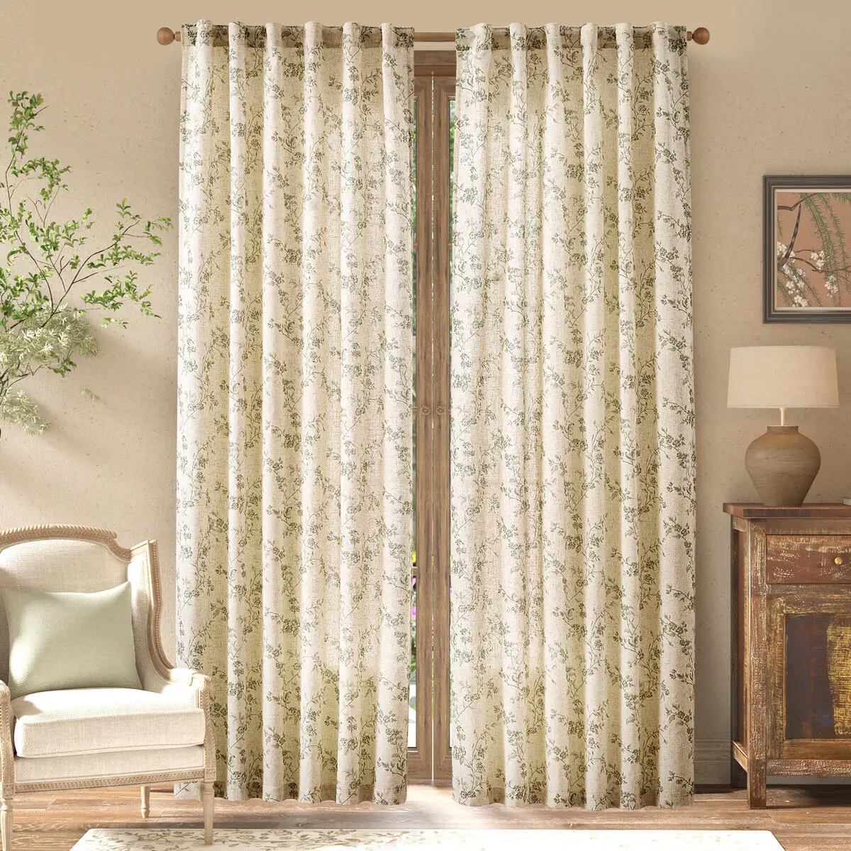 JINCHAN 2 Panels Linen Curtains For Living Room Bedroom French Country Farmhouse Flower Patterned Drapes Back Tab Window Curtain