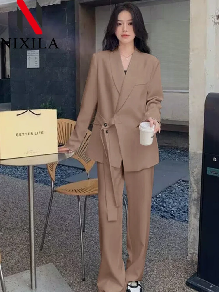 New in Women Blazer Pants Sets Fashion Office Ladies Casual Oversized Wide Leg Coats Women's Sets Long Sleeve Tops Two Piece Set