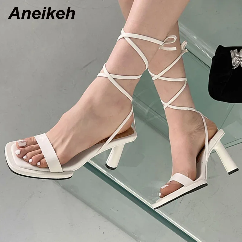 Aneikeh 2025 Summer Fashion High Heel Lace up Gladiator Sandals up Square Toe Open Toe Women\'s Dress Party Pumps Shoes