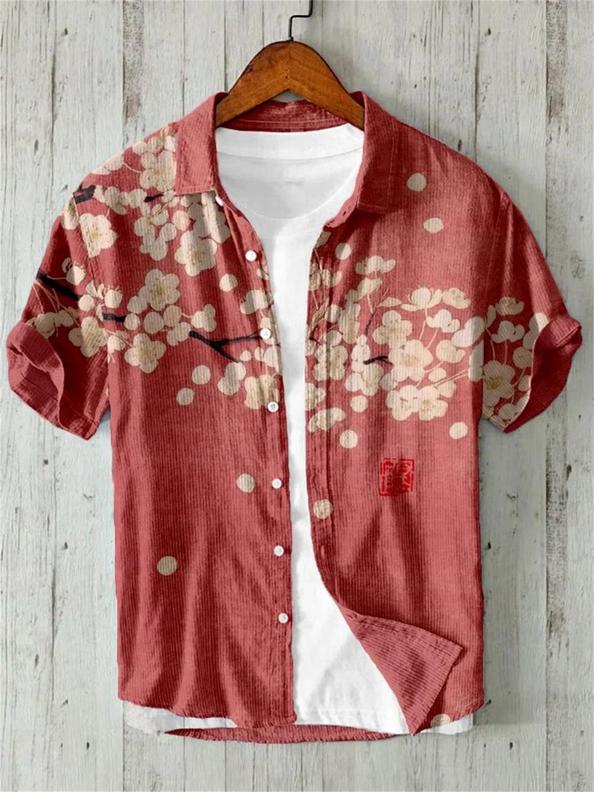 3D Printing Hawaiian Style Short Sleeve Shirt, Japanese Art Linen, Comfortable Loose Casual Flip Collar Shirt, Plum Blossom