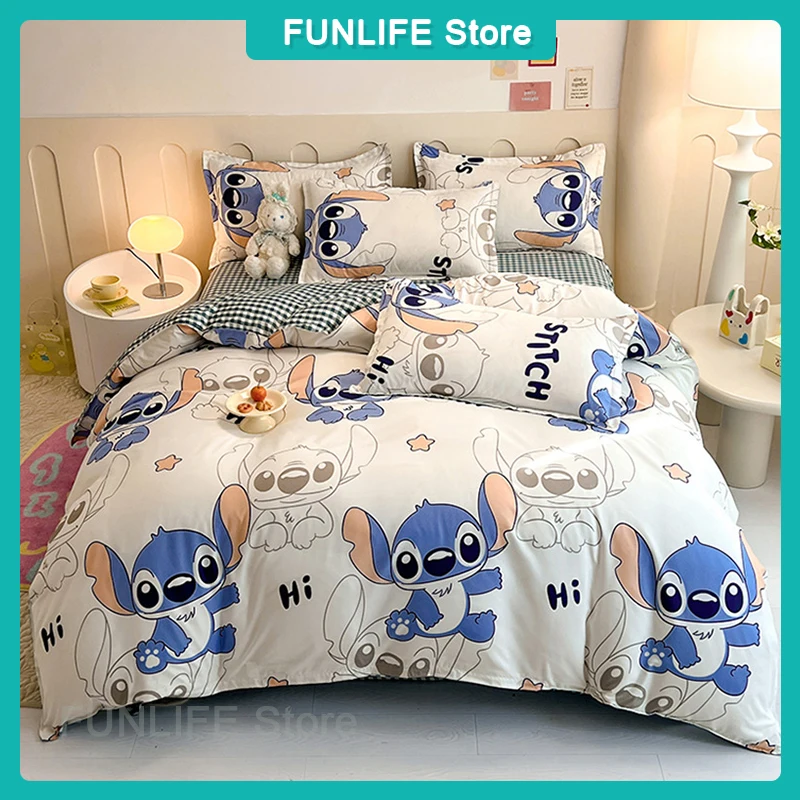 Cartoon Stitch Figure Bed Quilt Cover Sheet Pillowcase 3/4pcs Set Winnie Bear Buzz Lightyear Polyester Dormitory Bed Supplies