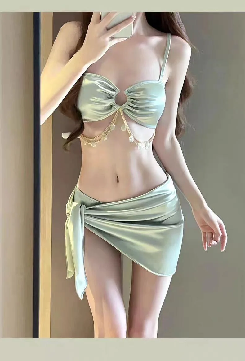 

New Trend Korean Style Sexy Bikini Set Bandeau Top Stain High Waist Three-Piece Women Swimwear 2 Piece Swimsuit