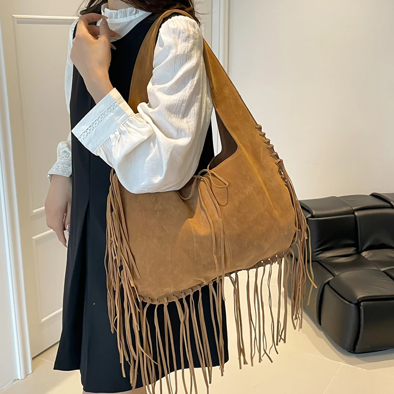 

Large Capacity Women Nubuck PU Leather Handbags Fashion Ladies Tassel Shoulder Messenger Bags Casual Female Tote Shopping Bag