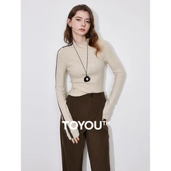 TOYOUTH Women Knitted Sweater 2024 Autumn and Winter New Turtleneck Collar Color Contrasting Knitted Tight Pullover Sweater Tops