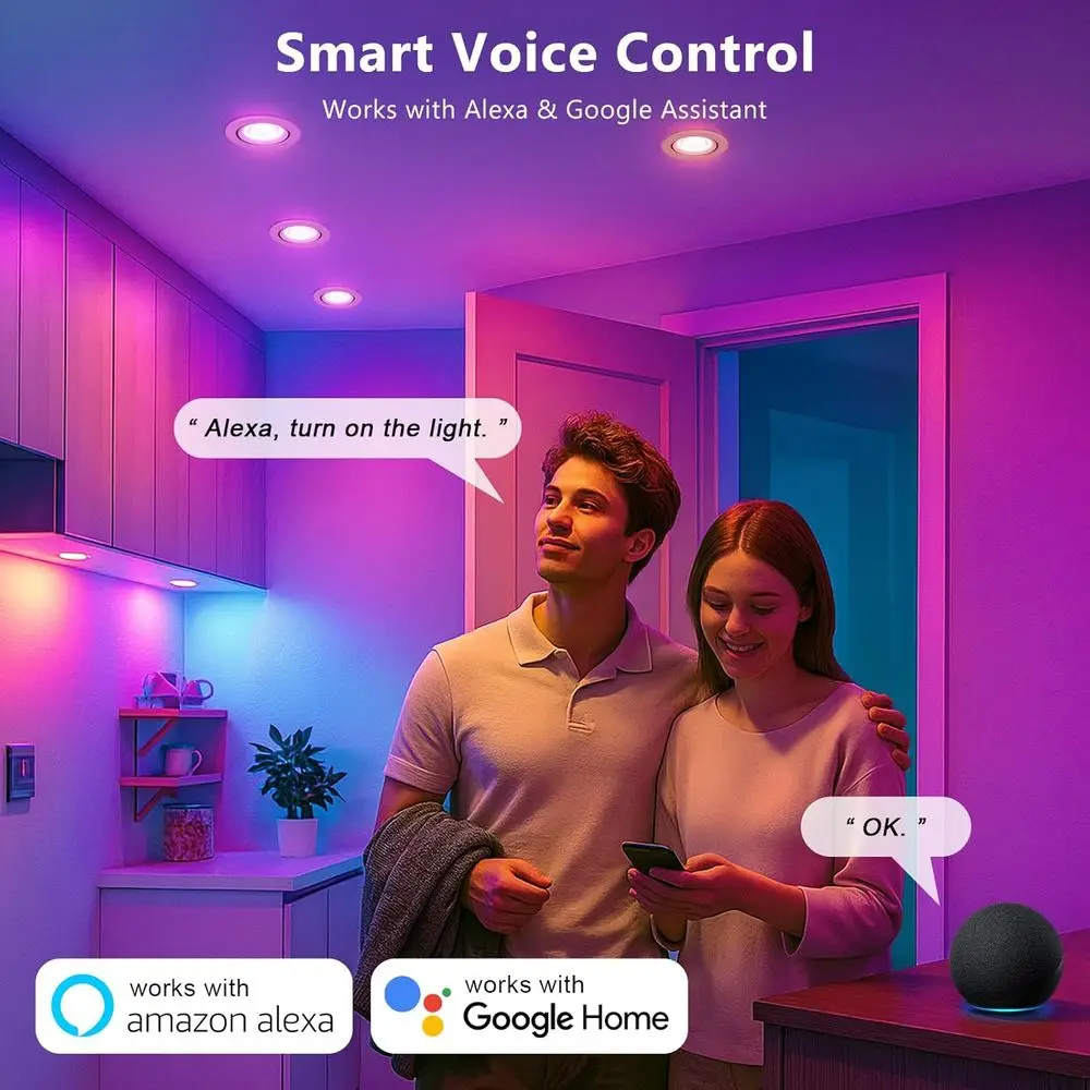 Iluminação LED Embutida Inteligente de 2 Polegadas, 5W Dimerizável RGB & CCT 2700-6500K, 110V Compatível com Alexa e Home, com Driver LED